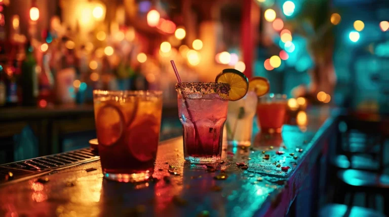 Still Life, Mardi Gras themed cocktails, close-up shot, bar counter, party night, vivid bar lights.